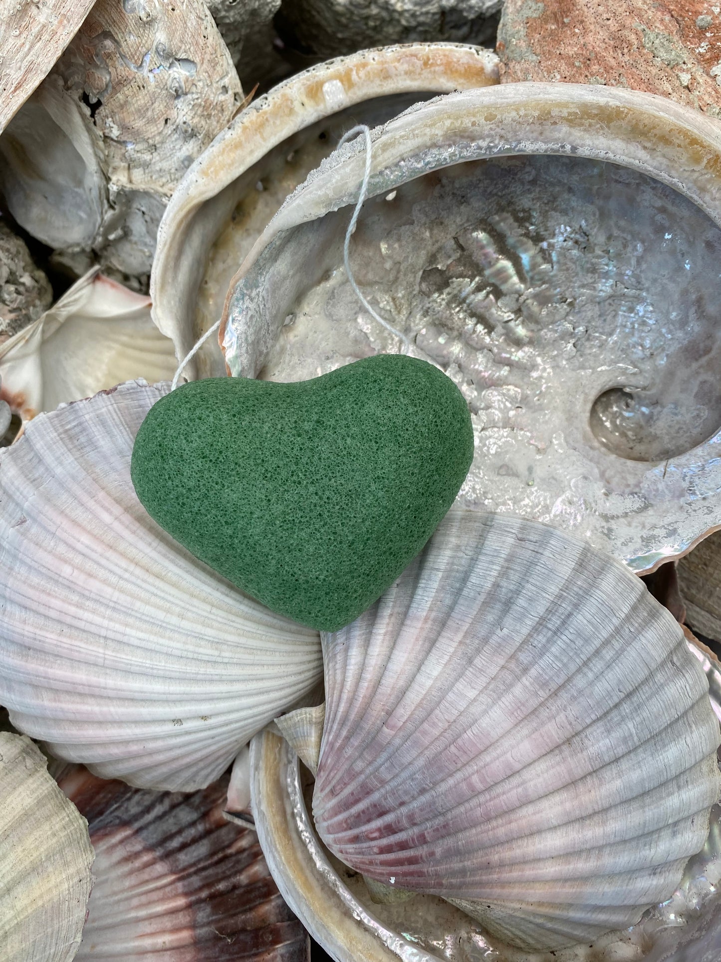A gentle way to cleanse your face. Green heart shaped sponge