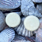 Two round pale cream Aegis shampoo bars with embossed text resting on a bed of grey seashells and driftwood.