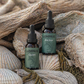 A bottle each of Quiet and Anchor beard oil, displayed on driftwood and shells