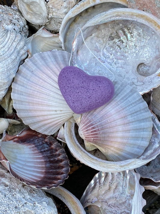 Purple heart shaped Konjac Sponge for gentle and effective cleansing. Plant based.