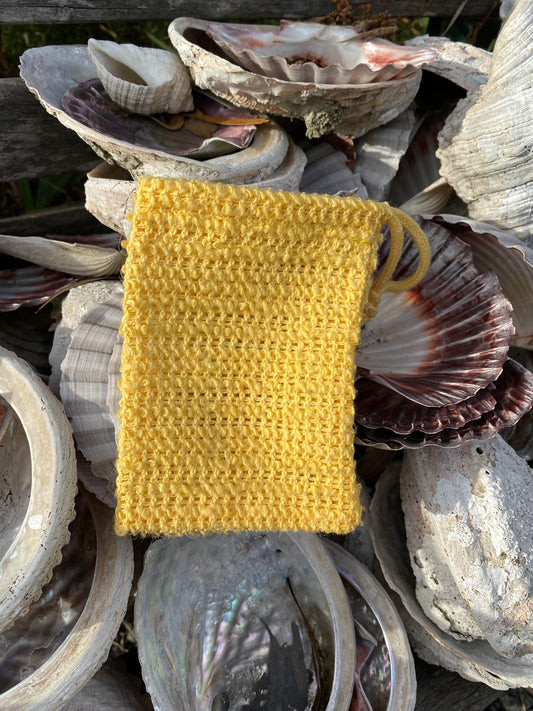 Yellow 100% sisal soap bag. Throw in your Luminus soap bits rather than waste.