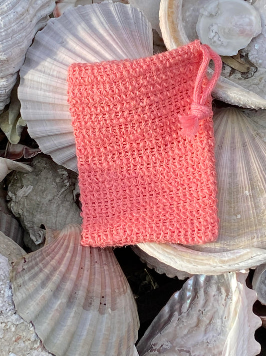 Pretty pink sisal soap bag.